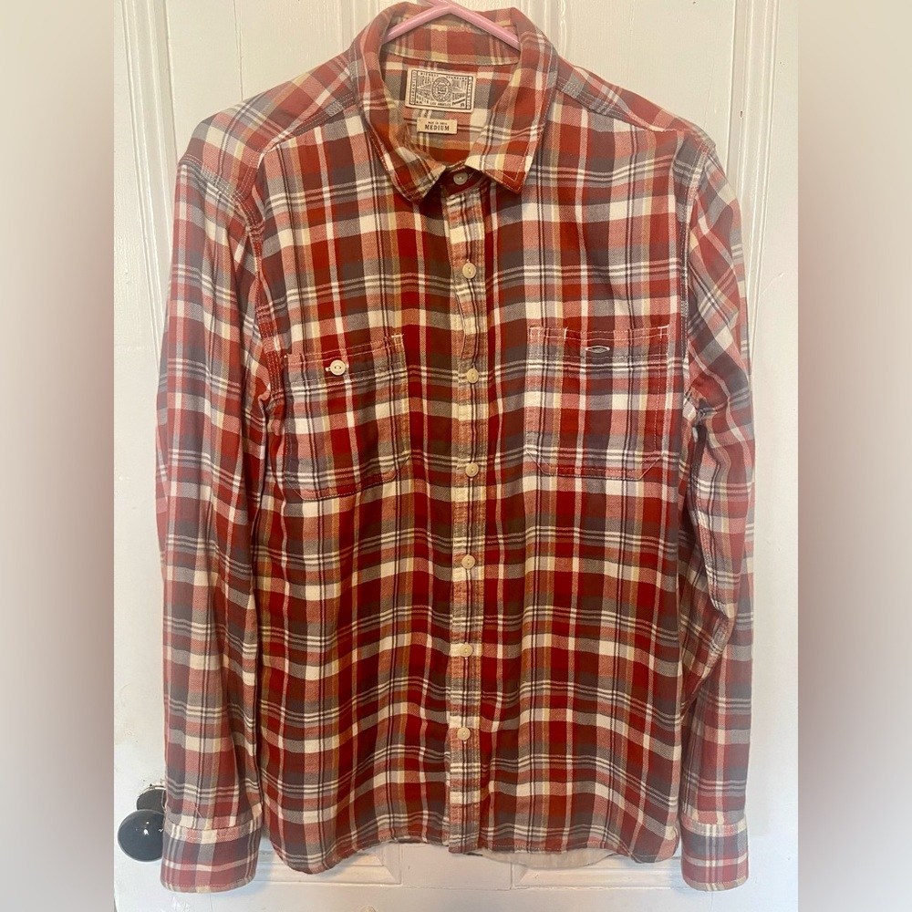 Lucky Brand dark Red/Burnt Sienna, Some Grays and White Plaid Button-Down Shirt